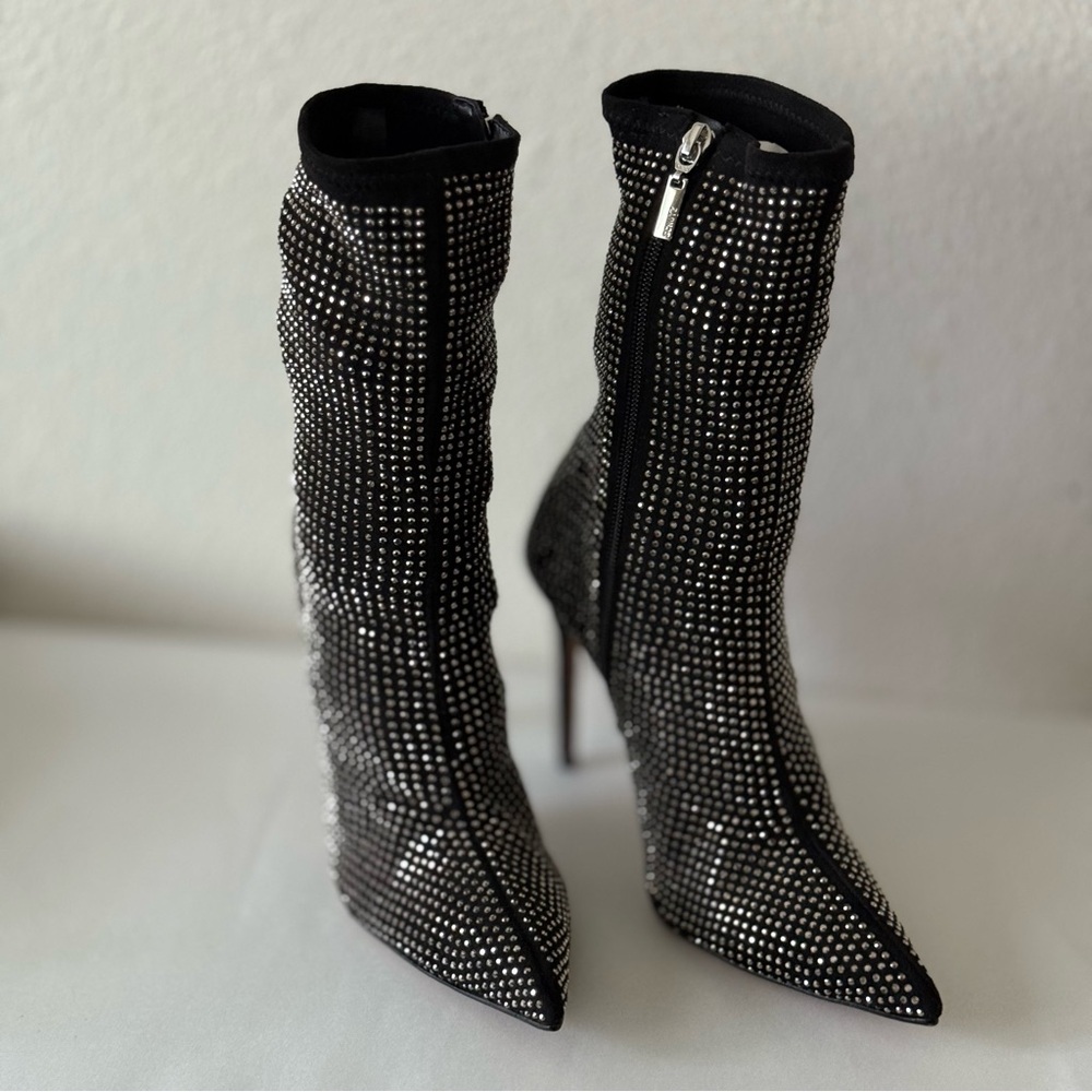 NEW! SCHUTZ Sybil Studded Point Toe High Heel Black Rhinestone Embellished Boots - Picture 2 of 12